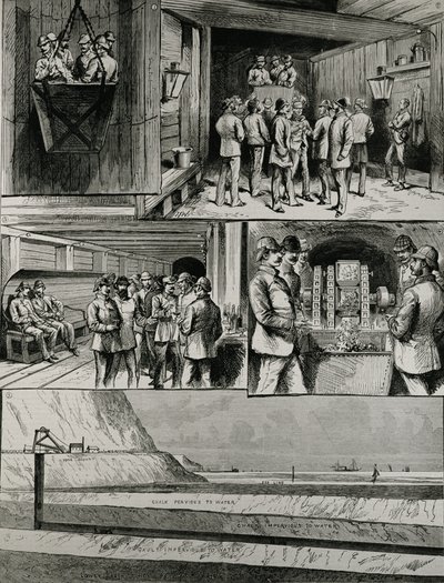 The Channel Tunnel Works at Dover: Going Down in the Cage; Arrival at the Bottom of the Shaft; Swindon Junction; Compressed Air-Boring Machine; Section of Tunnel, from 